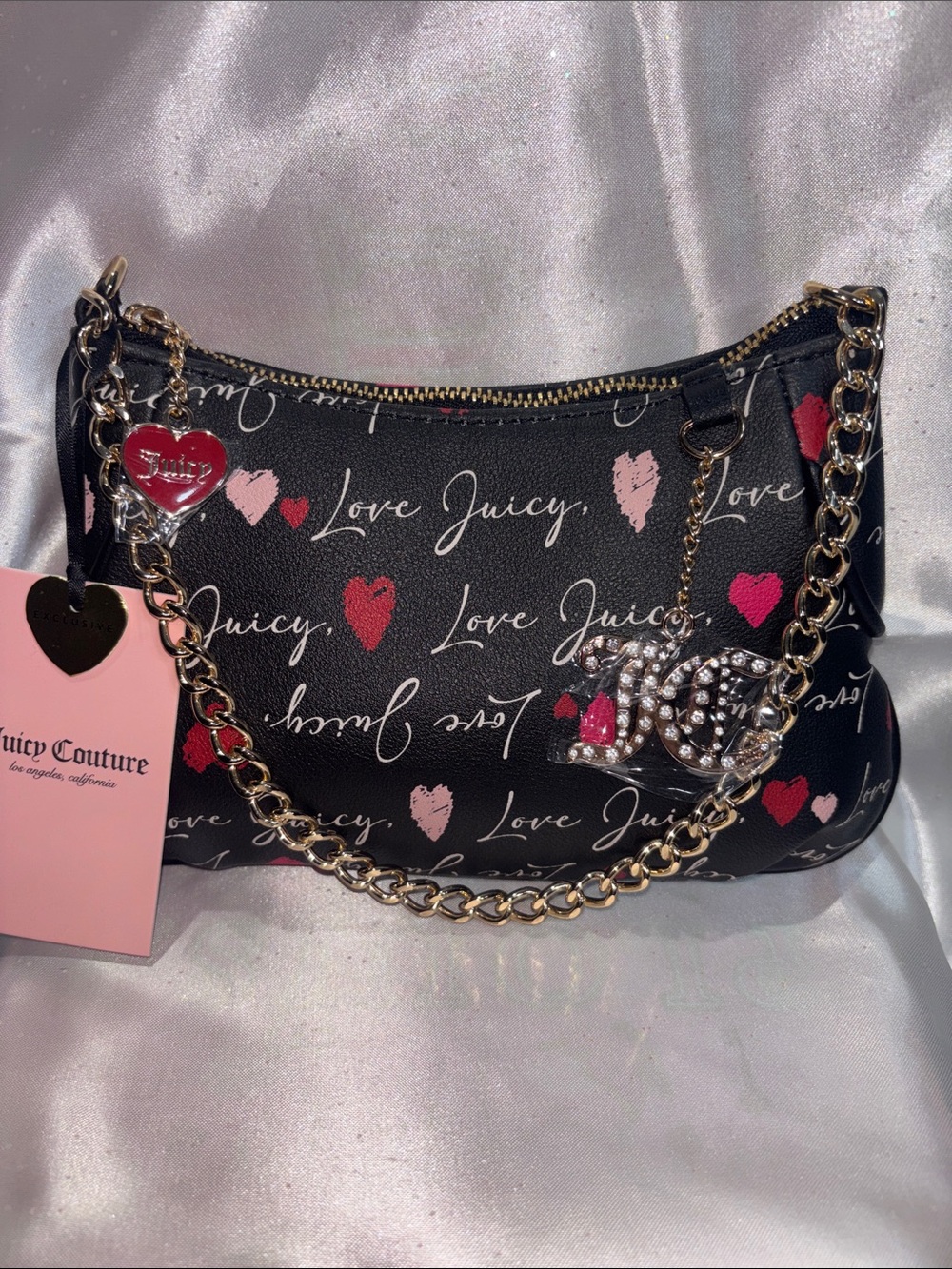 EXCLUSIVE Juicy Couture Black Shoulder Bag with Pink and Red Heart Print